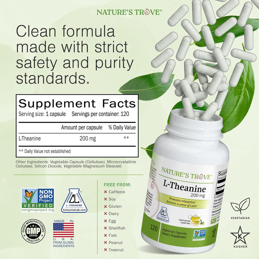 Nature's Trove L-Theanine 200mg 120 Vegetarian Capsules
