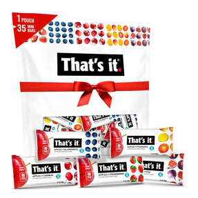 That's it. Mini Fruit Bars (Variety 35 Pack) No Sugar Added, Plant-Based, Vegan & Gluten Free, Breakfast Bar, Paleo, for Children & Adults, Non GMO, Fiber (7 Blueberry, 7 Cherry, 7 Fig, 7 Mango, 7 Strawberry)