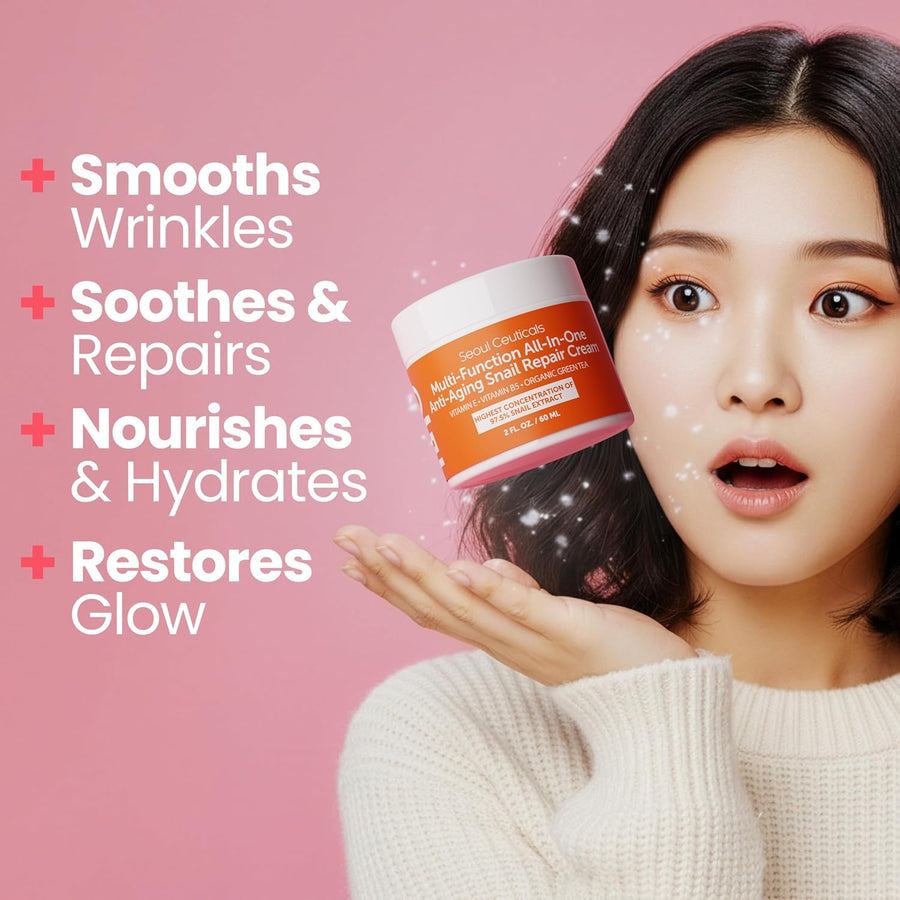 SeoulCeuticals Korean Skin Care 97.5% Snail Mucin Moisturizer Cream - K Beauty Skincare Day & Night Snail Repair Cream Filtrate Cruelty Free 2oz