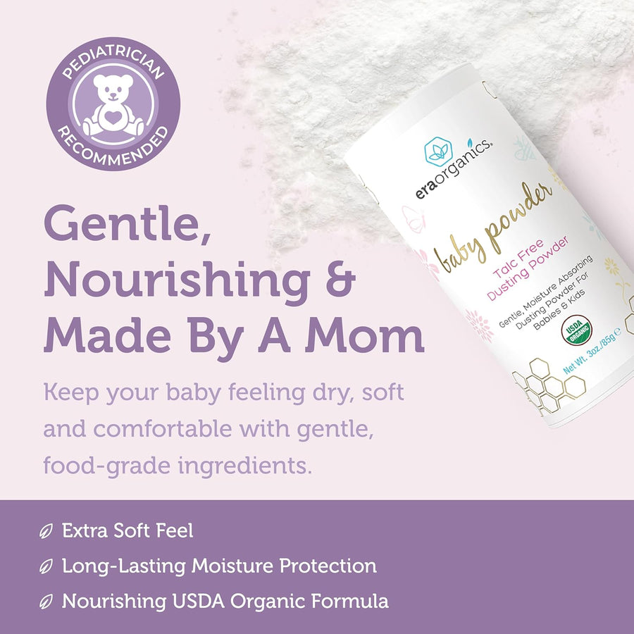 Era Organics Talc-Free Organic Baby Powder - USDA Organic Dusting Powder with Arrowroot, Calendula and Cornstarch for Newborns, Babies or Toddlers - Soothing, Fragrance Free, Made in USA (3oz/85g)