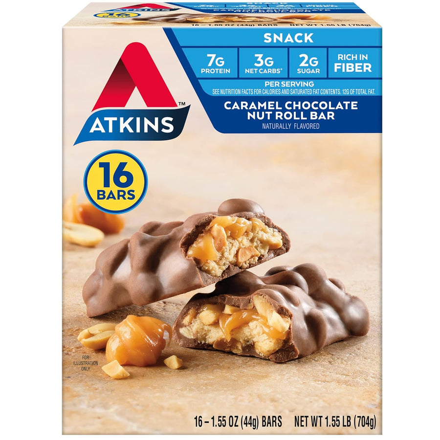 Atkins Caramel Chocolate Nut Roll Snack Bar, Protein Snack , 7g Protein, 2g Sugar, High Fiber Snack, 16 Count
