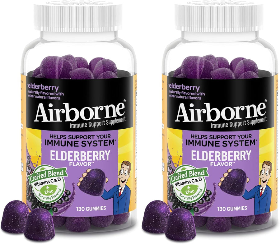 Airborne Elderberry + Zinc & Vitamin C Gummies For Adults, Immune Support Vitamin D & Zinc Gummies With Powerful Antioxidant Vitamins C D & E - 50 Gummies, Elderberry Flavor