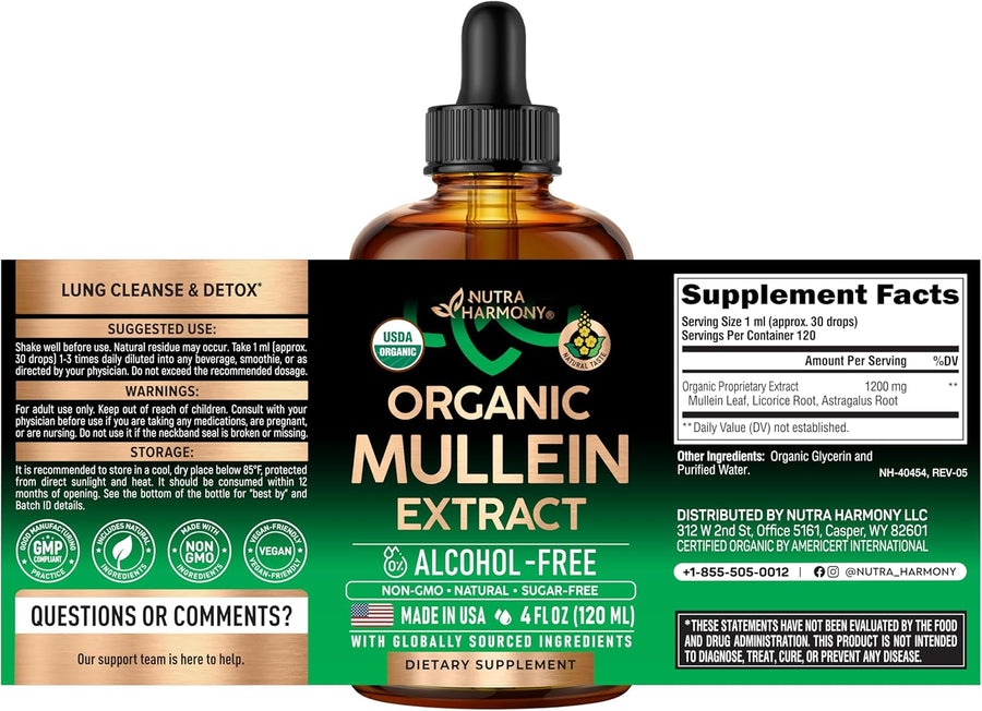 Mullein Drops for Lungs - USDA Organic Liquid - Mullein Leaf Extract Supplement - for Women & Men - Lung & Bronchial Cleanse for Smokers - Respiratory Health Support - As Tincture, Tea, Pills - 4 oz