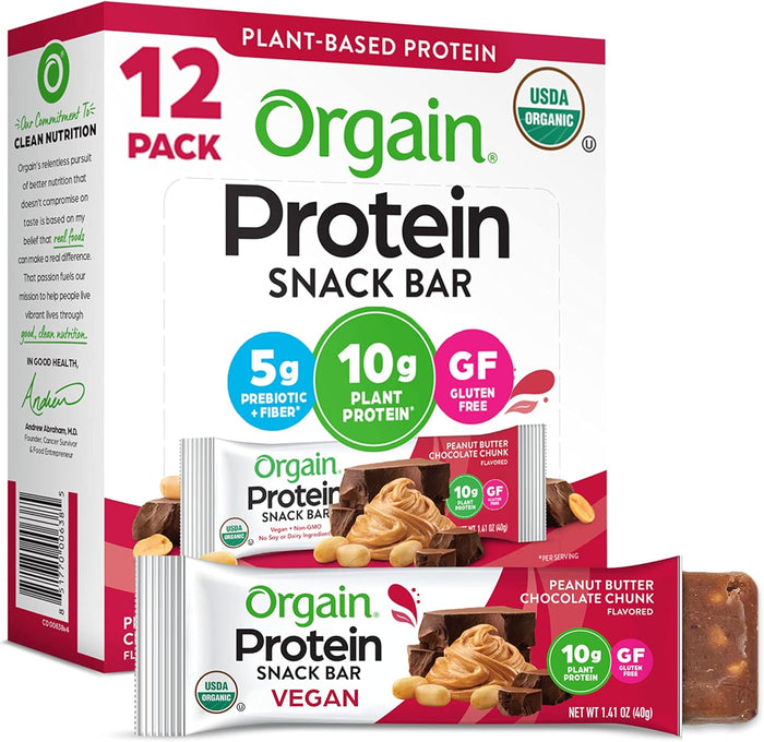 Orgain Organic Vegan Protein Bars, Peanut Butter Chocolate Chunk - 10g Plant Based Protein, Low Calorie Healthy Snacks, No Lactose or Soy Ingredients, Gluten Free, Non-GMO - 1.41 Oz (Pack of 12)
