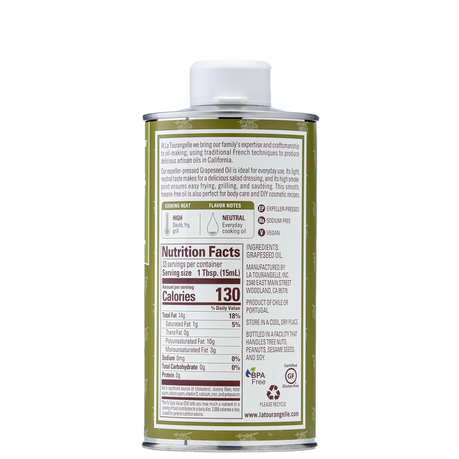 La Tourangelle, Expeller-Pressed Grapeseed Oil, High Heat Neutral Cooking Oil, Cast Iron Seasoning, Also Great for Skin, Hair, and DIY Beauty Recipes, 16.9 fl oz