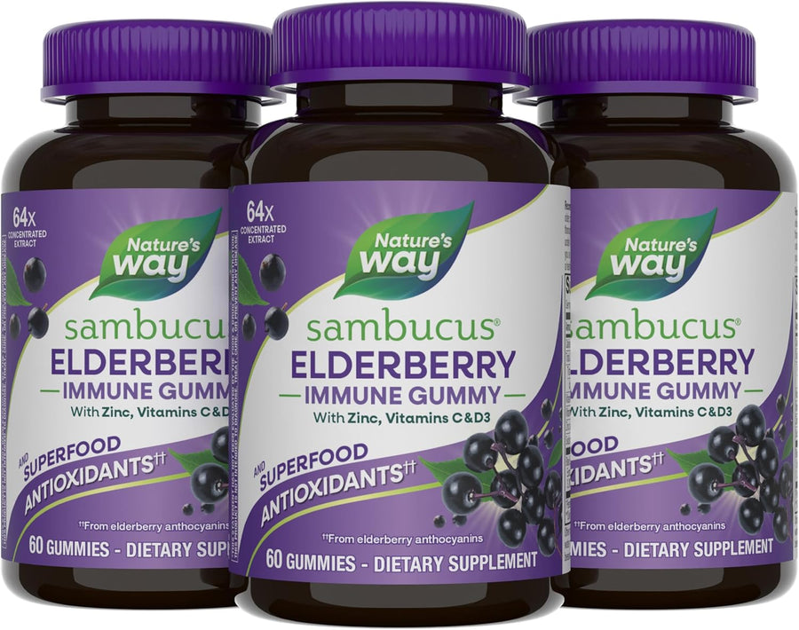 Nature's Way Sambucus Elderberry Gummies, Immune Support Gummy for Adults & Kids Ages 4+ with Black Elderberry Extract, Vitamin C, Vitamin D3, and Zinc*, 60 Gummies