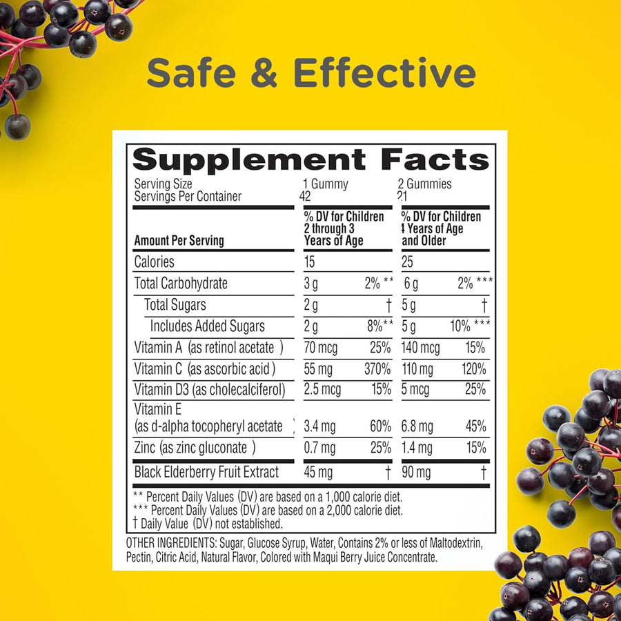 Zarbee’s Elderberry Gummies for Kids, Immune Support Supplement with Vitamins A, C, D3, E, & Zinc, Gluten & Gelatin Free, No Artificial Flavors, Natural Berry Flavor, Ages 2+, 42 ct
