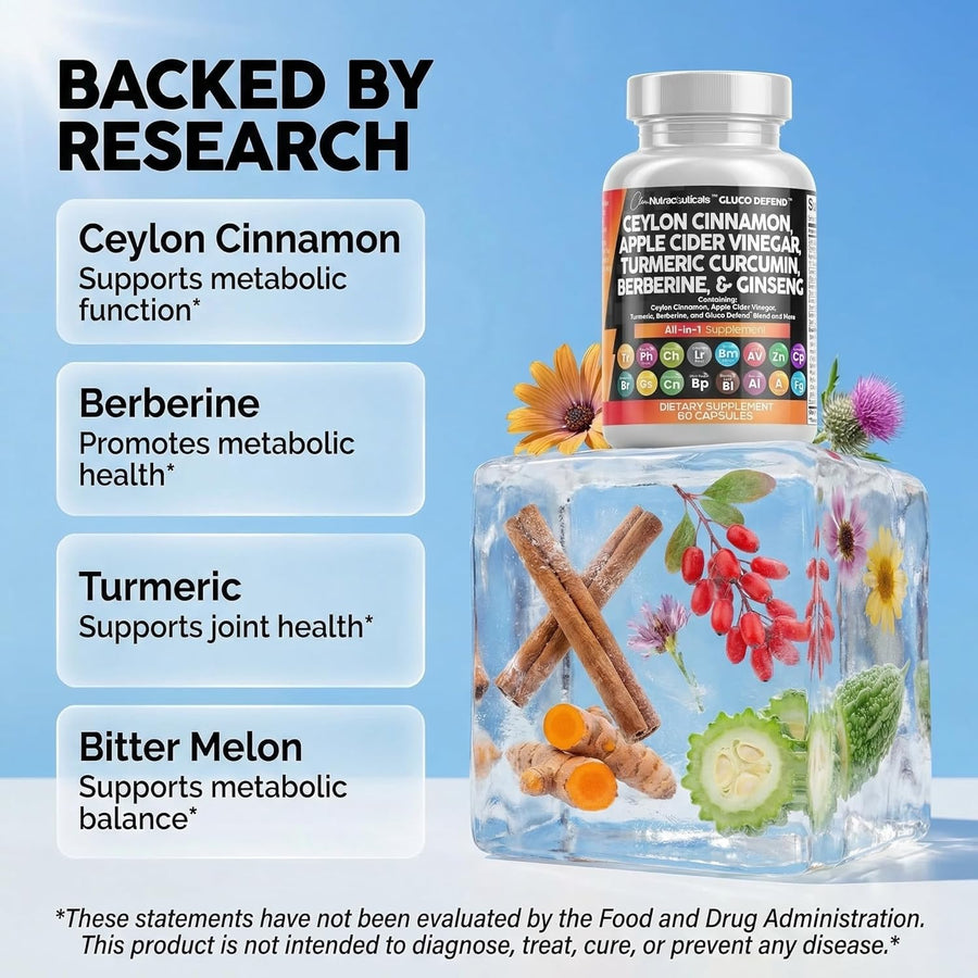 Clean Nutraceuticals Ceylon Cinnamon Capsules with Berberine Turmeric and Apple Cider Vinegar Supplement