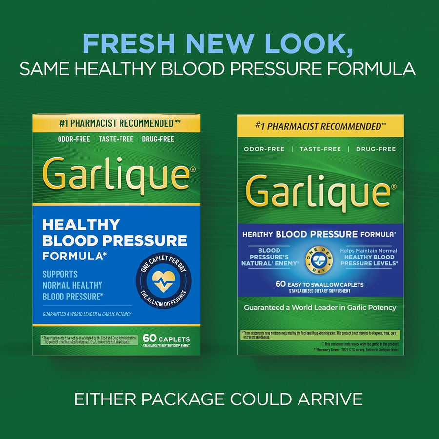Garlique Garlic Extract Supplement, Healthy Blood Pressure Formula, Odorless & Vegan, 60 Caplets