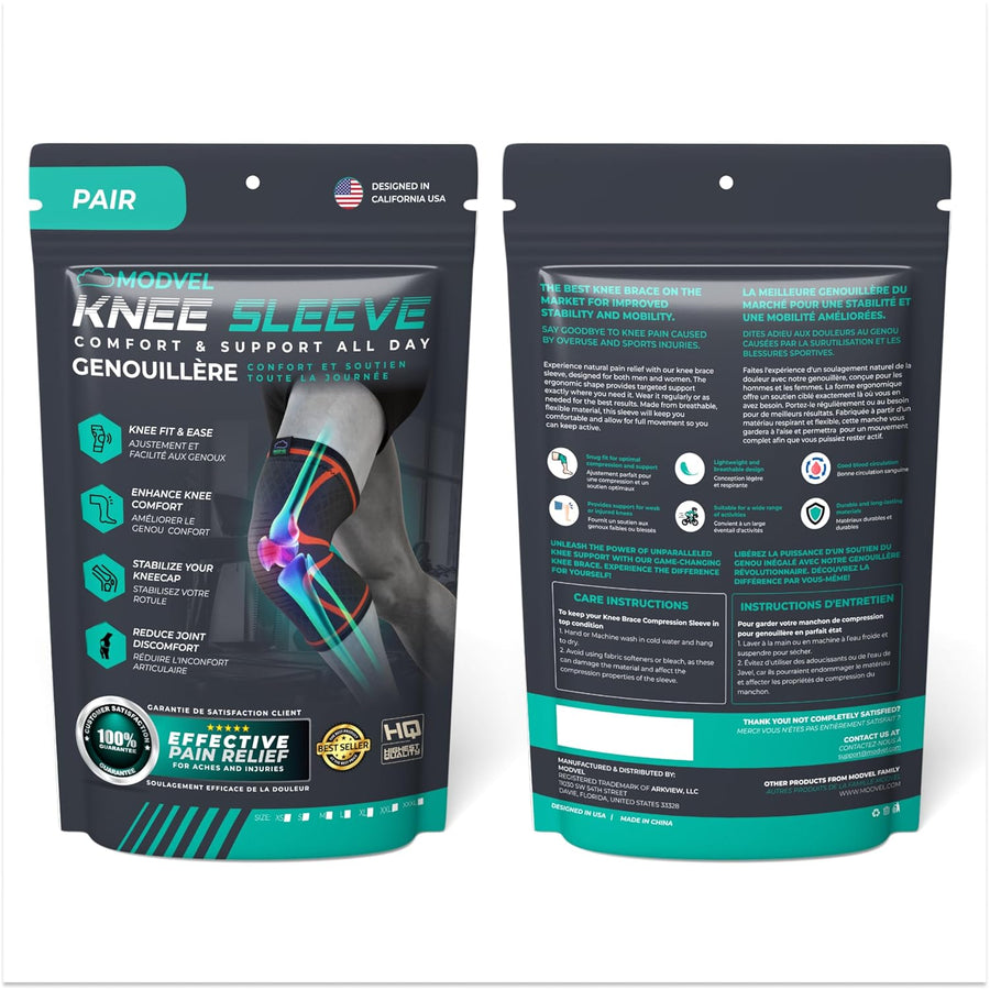 Modvel Compression Knee Brace for Women & Men, 2-Pack Knee Brace for Running Knee Pain, Knee Support Compression Sleeve, Workout Sports Knee Braces for Meniscus Tear, ACL & Arthritis Pain Relief