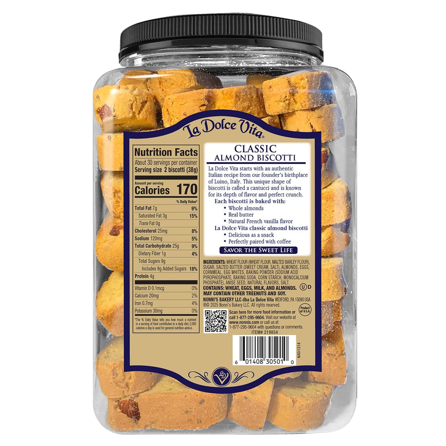 La Dolce Vita Classic Almond Italian Biscotti Cookies, Gourmet Coffee & Tea Dipping Snack, 40 oz Jar