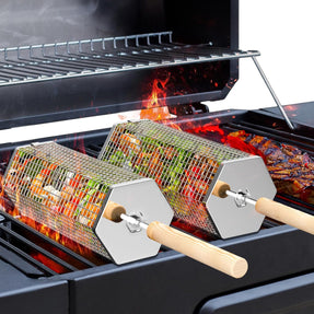 Rolling Grill Basket, Removable Wooden Handle, 304 Stainless Steel, Nesting Grilling Tools, Smoker BBQ Accessories for Vegetable, Outdoor Cooking Camping, Birthday Gifts for Men Dad Husband