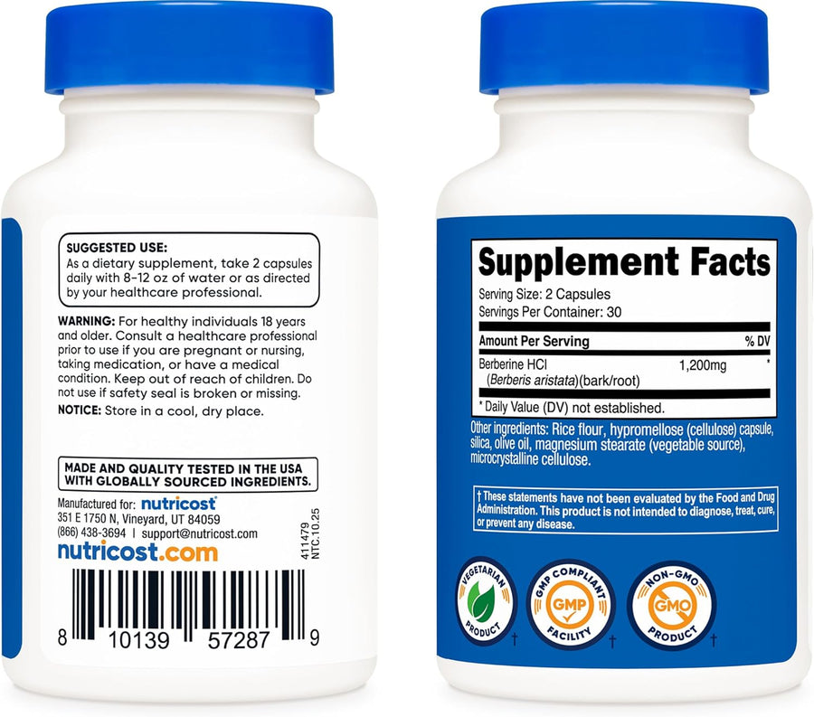Nutricost Berberine HCl 1200mg , 60 Vegetarian Capsules - Gluten Free & Non-GMO