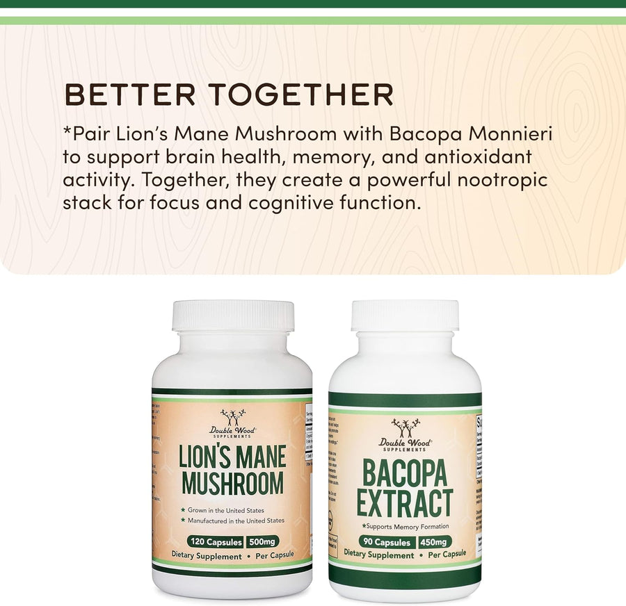 Organic Lions Mane Mushroom Capsules (120 Count), for Focus Support and Immune Health, Third Party Tested and Grown in The USA - by Double Wood