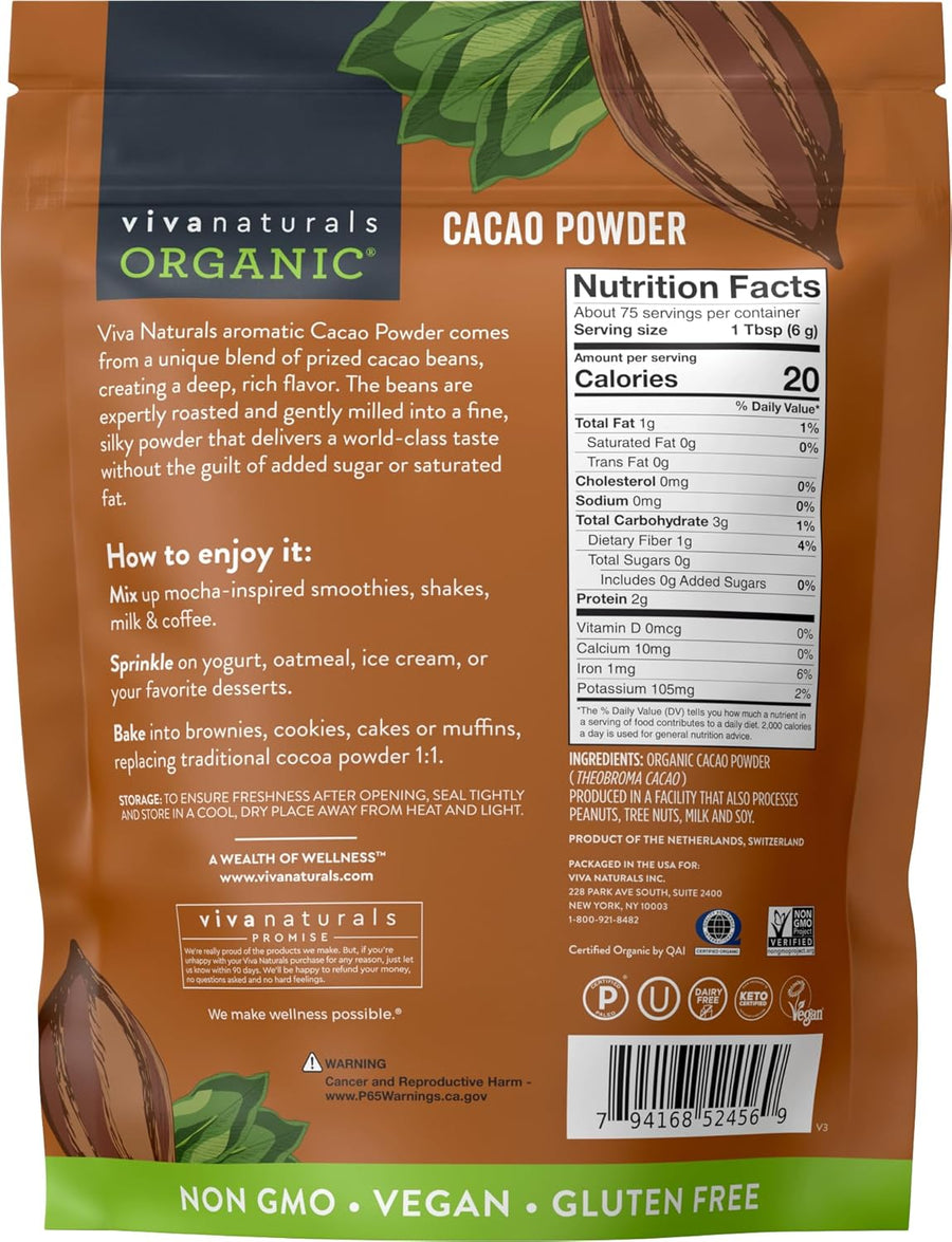 Organic Cacao Powder, Unsweetened, 1 lb (454 g) – Rich Dark Chocolate Flavor, Perfect for Baking, Smoothies & Hot Chocolate – Vegan, Keto, Paleo, Non-GMO & Gluten-Free Cocoa Powder