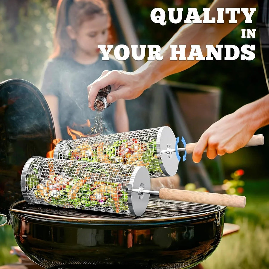 Nesting Grill Baskets (2PCS) with Removable Wooden Handle, Stainless Steel BBQ Tools