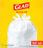 Glad Tall Kitchen Trash Bags 13 Gallon, Unscented Garbage Bags, Quick-Tie, 68 Count