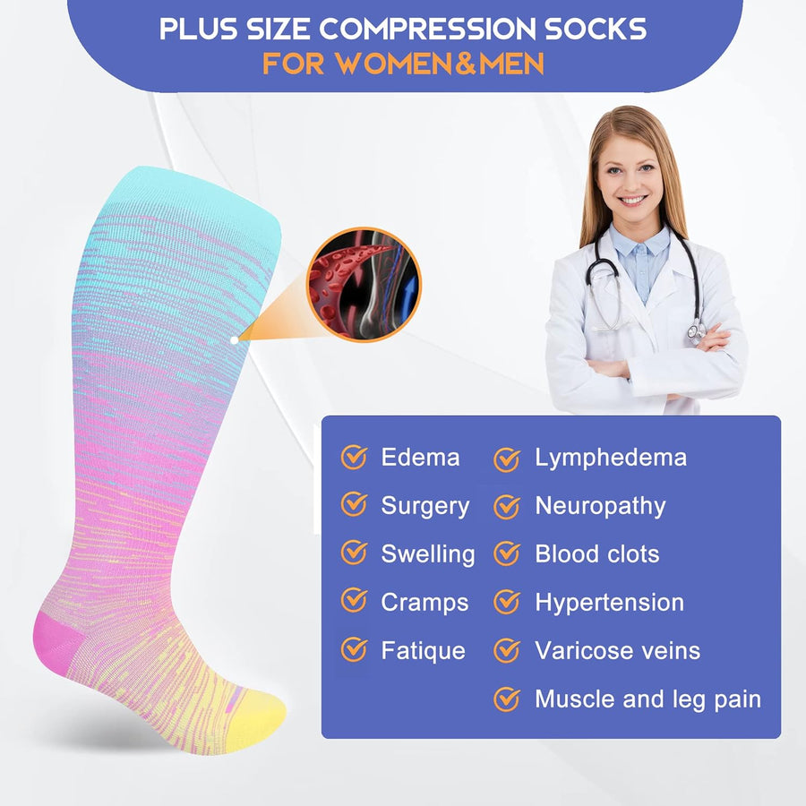 LEVSOX 15-20 mmHg Knee High Compression Socks for Women and Men Plus Size Wide Calf
