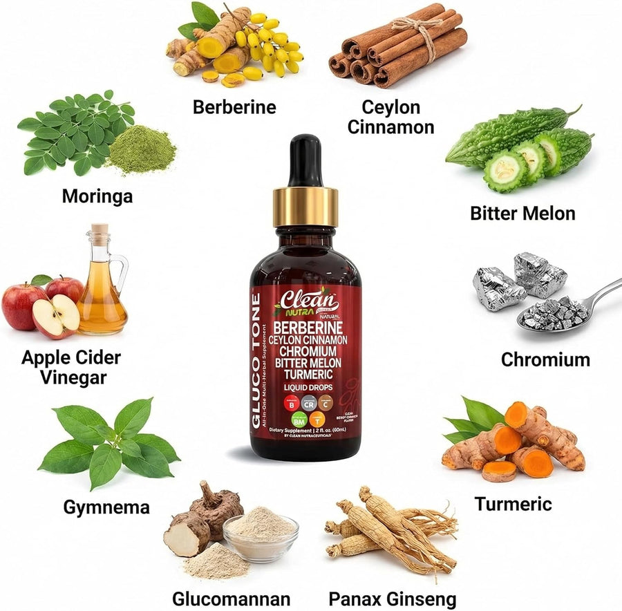 Clean Nutra Berberine with Ceylon Cinnamon Supplement Liquid Drops + Bitter Melon Extract, Glucomannan, Gymnema, Chromium, Turmeric, Organic Panax Ginseng, Moringa