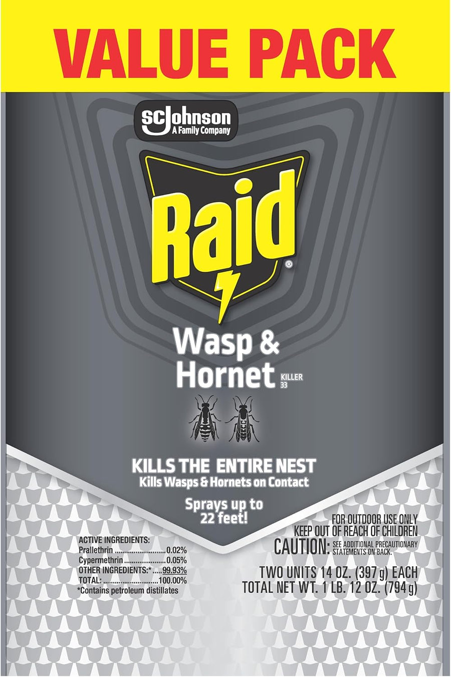Raid Wasp & Hornet Killer Spray, Bug Killer Kills the Entire Nest, 14 Oz, 2 Count
