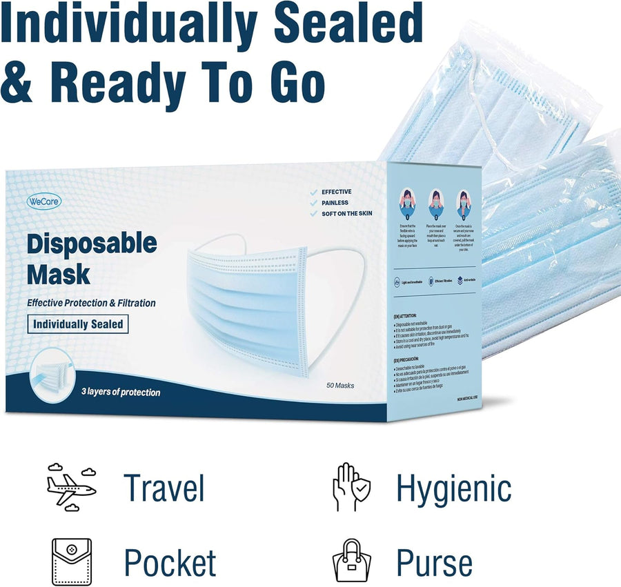 WECARE 3 Ply Disposable Face Mask 50 Pack Individually Wrapped Printed Masks
