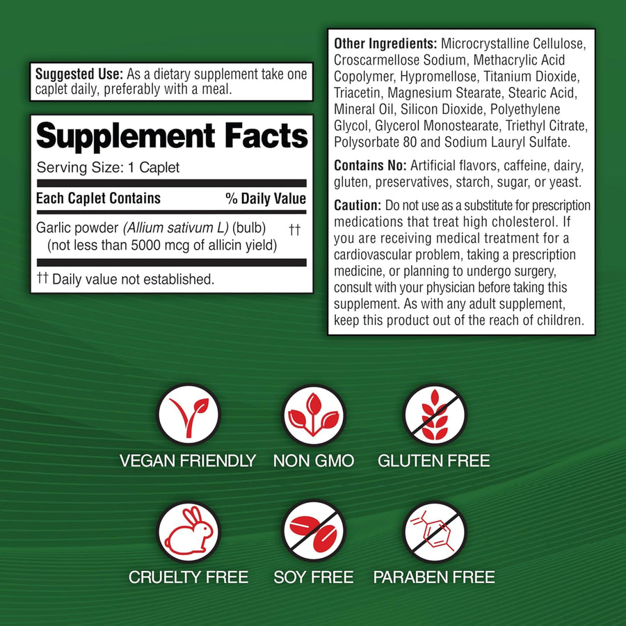 Garlique Garlic Extract Supplement, Healthy Cholesterol Formula, Odorless & Vegan, 60 Caplets