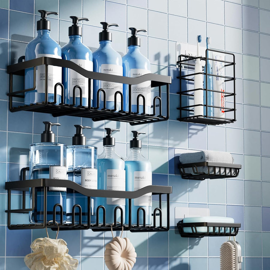 5-Pack Rustproof Stainless Steel Shower Caddy Set– No Drill Adhesive Bathroom Organizer, Space-Saving Shower Shelves for Apartment Essentials, Bathroom/Kitchen Storage Home Decor-L Size