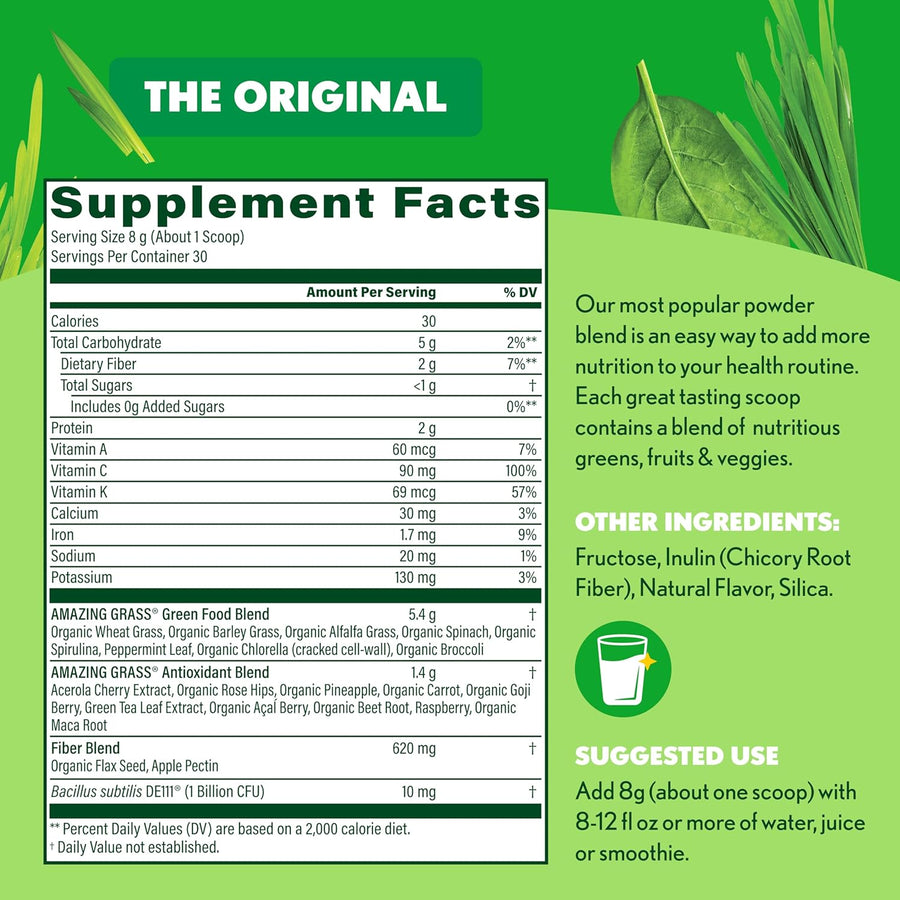 Amazing Grass Super Greens Powder, Organic, Greens Superfood Powder, Smoothie Supplements, Supports Digestion, Probiotics, Spirulina, Beet Root, Original, 30 Servings, 8.5 Ounce (Packaging May Vary)