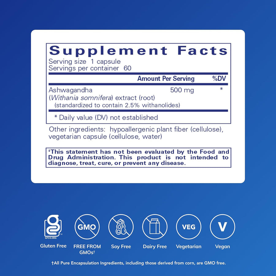 Pure Encapsulations Ashwagandha - 500 mg Ashwagandha Extract - Metabolism & Stress Support - Immune Support - GMO Free & Vegan - 60 Capsules