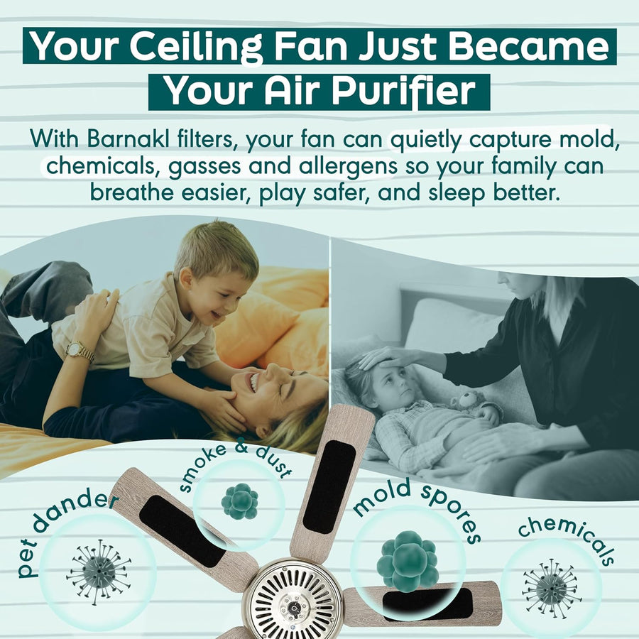 Barnakl Ceiling Fan Air Purifier Pads, Activated Coconut Shell Carbon Fan Filters Trap Dust, Odors & Allergens, Easy-Stick Universal Fit for Ceiling Fan Blades, Odorless & Unscented - (5 Count)