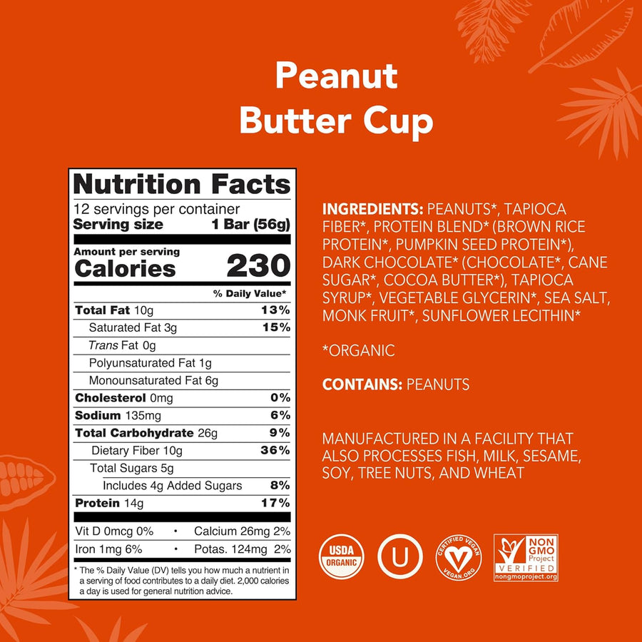 ALOHA Organic Plant Based Protein Bars - Peanut Butter Cup Bar - 12 Bars, Vegan, Low Sugar, Gluten-Free, Low Carb, Non-GMO, No Stevia, No Erythritol