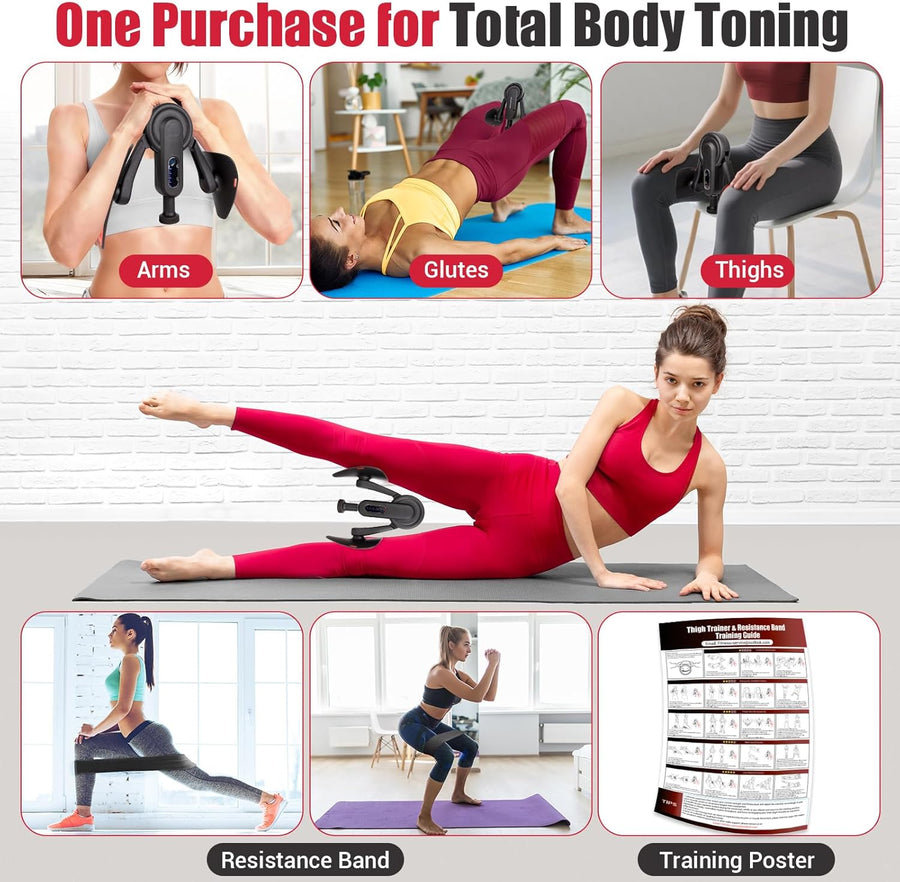 Adjustable Thigh Trainer for Women, 10-100lb Resistance Exerciser with Leg Band & Poster