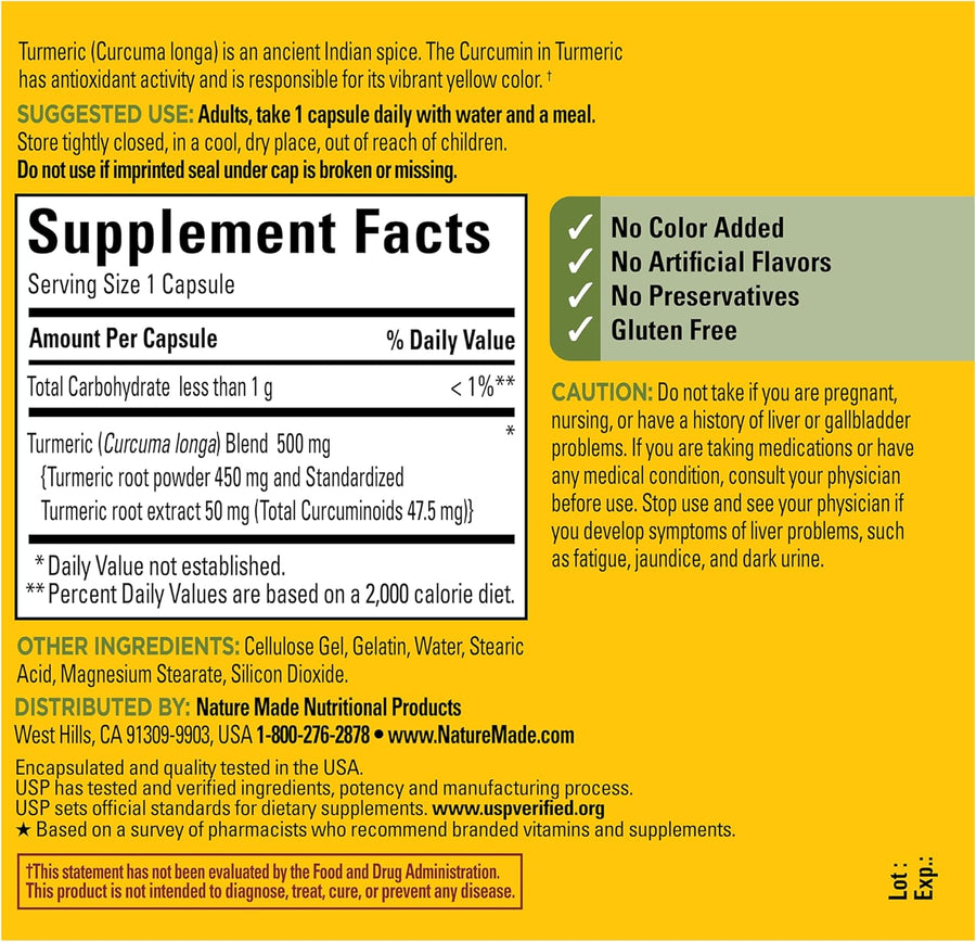 Nature Made Turmeric Curcumin 500 mg, Turmeric Curcumin Supplement for Antioxidant Support, Herbal Supplements, 120 Capsules, 120 Day Supply