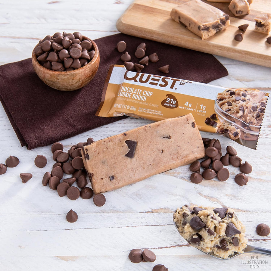 Quest Nutrition Chocolate Chip Dough Cookie Protein Bars, 21g Protein, 1g Sugar, 4g Net Carb, High Fiber, Gluten Free, Keto Friendy, 12 Count