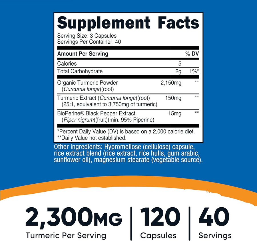 Nutricost Turmeric Curcumin with BioPerine, 2300mg, 120 Veggie Capsules, Gluten Free, Non-GMO