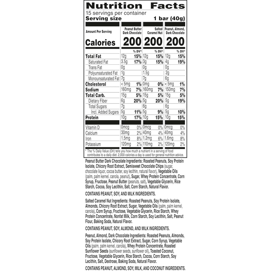 Nature Valley Protein Bars Variety Pack, Gluten Free Chewy Granola Snack Bars, 10g Protein, Peanut Butter Dark Chocolate, Salted Caramel Nut, Peanut Almond Dark Chocolate, 15 Count, 21.3 oz Box