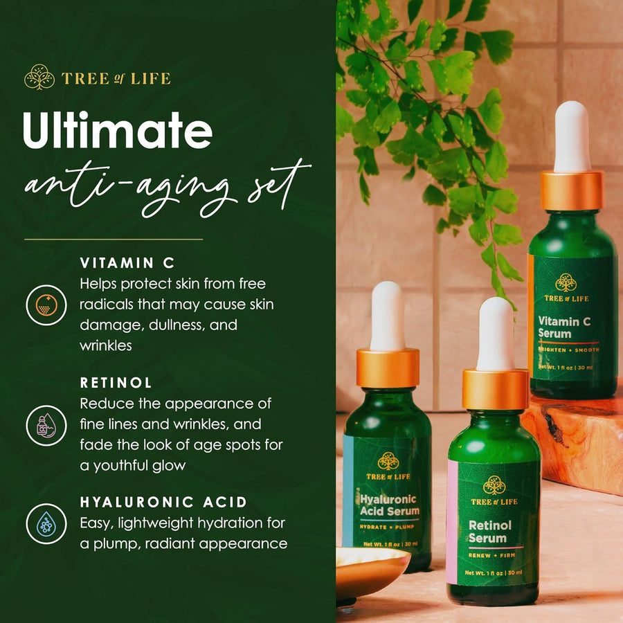 Tree of Life Beauty Facial Skin Care Set, Brightening, Firming, Hydrating, Dry Face, Dermatologist Tested - Trio Power Kit, Vitamin C, Retinol and Hyaluronic Acid, 3 count of 1 Fl Oz