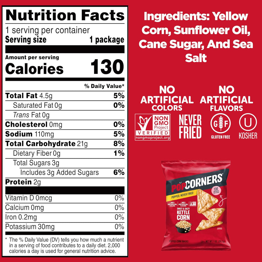 PopCorners Popped Corn Snacks, Kettle Corn, 1 Ounce (Pack of 20) (Packaging May Vary)