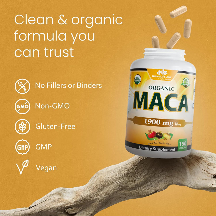 NaturaLife Labs Organic Maca Root – Black, Red & Yellow – 1900 mg per Serving – 150 Capsules – Gelatinized Peruvian Maca – Non-GMO, Gluten-Free, Vegan