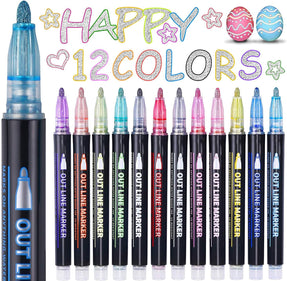 Stocking Stuffers, Outline Glitter Markers, Stocking Stuffers for Teen Girl Gifts Trendy Stuff, 12 Shimmer Markers Outline Pens for Art Supplies for Kids 9-12, Gifts for 4-12 Year Old Girls