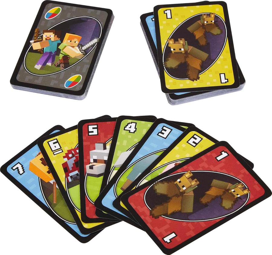 Mattel Games UNO Card Game, Gifts for Kids and Family Night, Themed to Minecraft Video Game, Travel Games, Storage Tin Box (Amazon Exclusive)