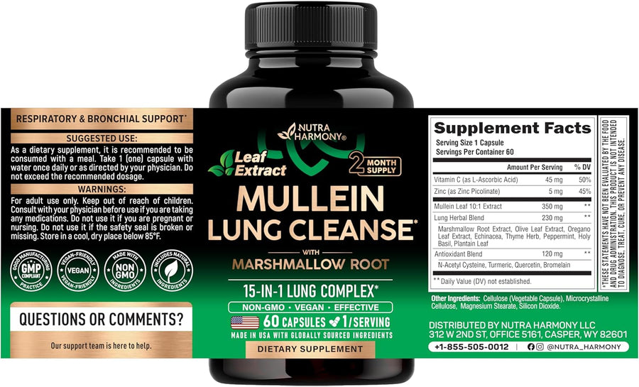 Mullein Lung Detox Supplement with Mullein Leaf 10:1 Extract and 15-in-1 Lung Support