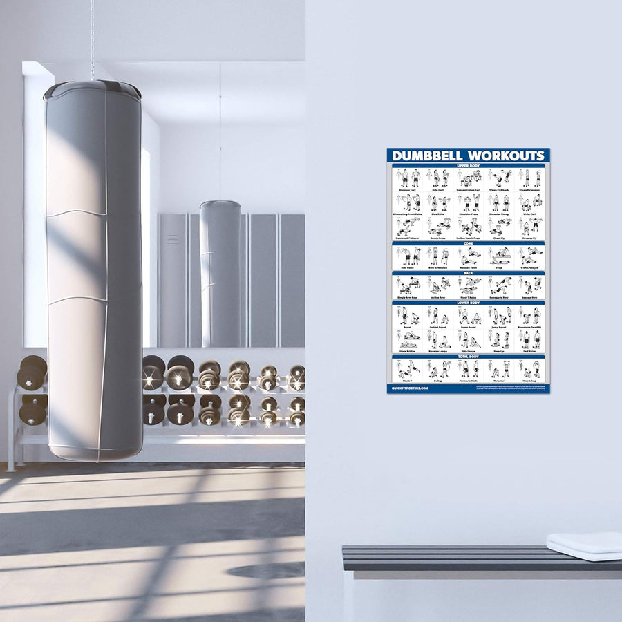 4-Pack Laminated Workout Posters: Dumbbell, Bodyweight, Stretching, Kettlebell Exercises