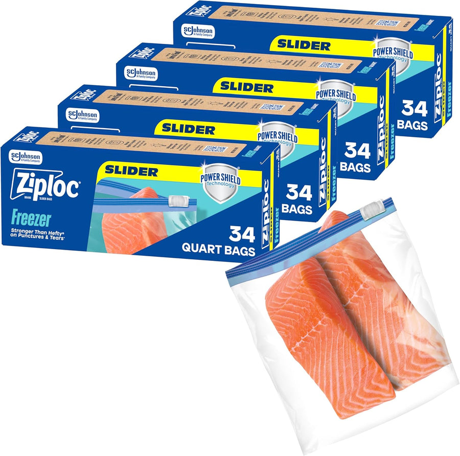 Ziploc Quart Food Storage Freezer Slider Bags, Power Shield Technology for More Durability, 34 count, 4 Pack, 136 Total (Packaging May Vary)