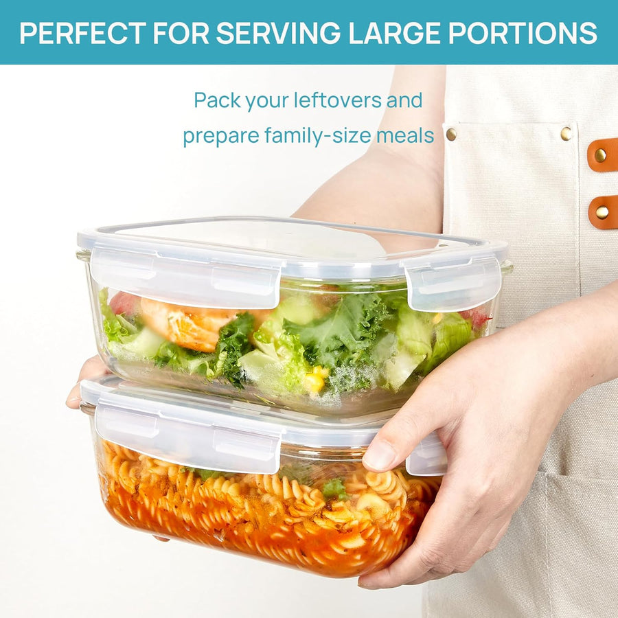 Vtopmart 2Pack 1860ml/63oz Large Glass Storage Containers with Lids, Meal Prep Food Container Set with Snap Airtight Lid for Baking, Microwave, Oven, Leak Proof, for Freezer, Dishwasher, Grey