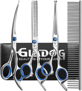 GLADOG Professional 5 in 1 Dog Grooming Scissors Set with Safety Round Tips, Sharp and Heavy-duty Pet Grooming Shears for Cats