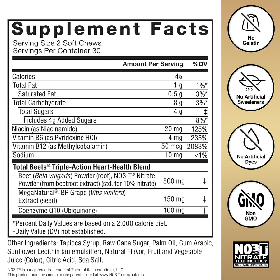 Force Factor Total Beets Heart Health Chews with Beetroot Powder, CoQ10, and B Vitamins