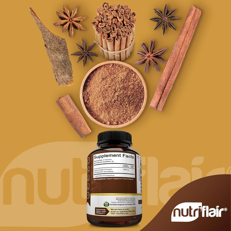 NutriFlair Organic Ceylon Cinnamon Supplement 1200mg, 120 Capsules - USDA Certified - Non-GMO, Gluten Free Powder, Antioxidant Pills