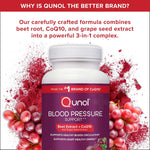 Qunol Blood Pressure Support, 3 in 1 Beets + CoQ10 + Grape Seed Extract, Beet Root Capsules that Supports Healthy Blood Circulation & Heart Healthy Energy, 60 Count (Pack of 1)