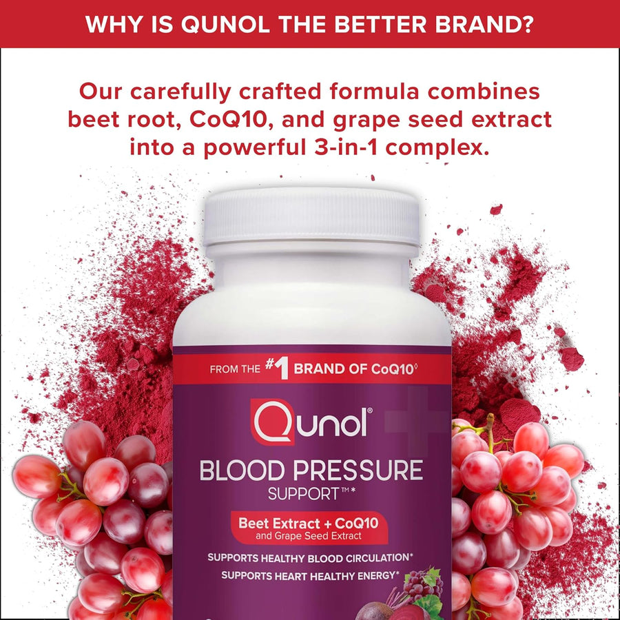 Qunol Blood Pressure Support, 3 in 1 Beets + CoQ10 + Grape Seed Extract, Beet Root Capsules that Supports Healthy Blood Circulation & Heart Healthy Energy, 60 Count (Pack of 1)